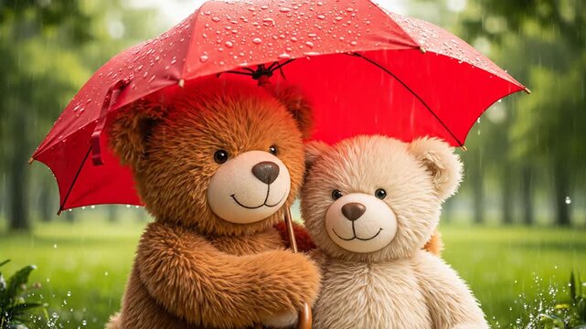 Animated teddy bear friends shelter under red umbrella rain