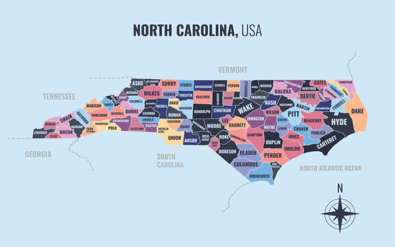 A map showing NC North Carolina USPS into County in a minimalist colorful style