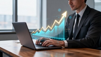Businessman working on laptop with growth chart