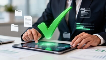 Businessman using tablet with digital icons