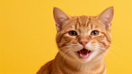 Orange cat with open mouth on yellow background