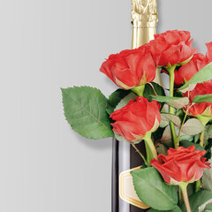 Champagne Bottle and Red Roses Bouquet on Light Grey Background for Valentine's Day Celebration. Romantic Luxury Gift Concept with Copy Space for Love Message, Date Invitation or Holiday Greeting Card