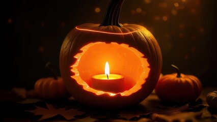 Fototapeta premium A carved pumpkin with a lit candle glows warmly in the dark, surrounded by autumn leaves and smaller pumpkins