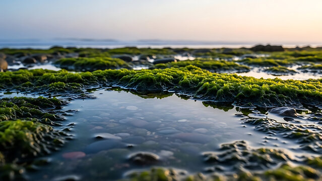 tidal pool at sunrise reflecting sky over green moss covered rocks in a serene low tide coastal landscape for nature and environmental projects