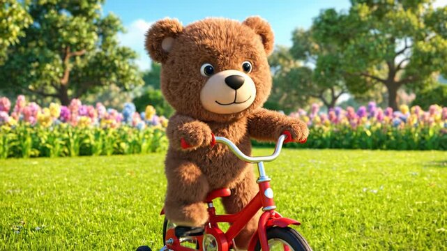 Cute animated teddy bear cycling on a sunny spring day