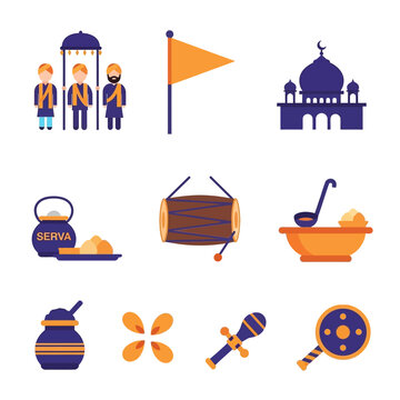 Sikh religious procession with participants, holy symbols, dome structures, and langar food