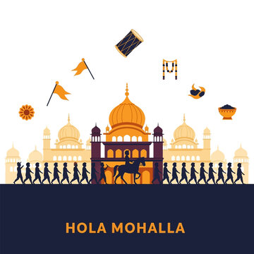 Hola Mohalla festival procession with horse riders and performers before a grand gurdwara