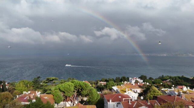 Drone footage of seagulls flying toward the sea from Buyukada as if dancing inside a rainbow during golden hour