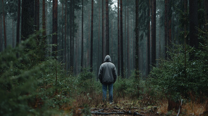 Ai person standing alone in a dense forest surrounded by tall trees during a foggy day