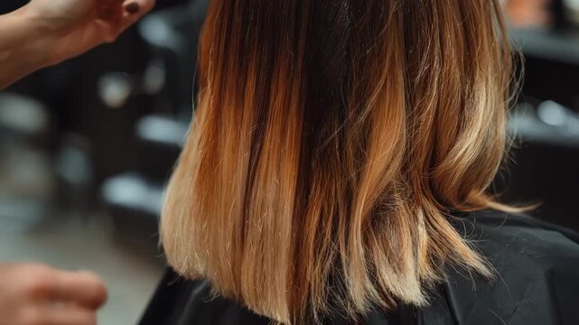 Closeup of hands sectioning hair before carefully blending ombre color transition from dark roots to lighter tips