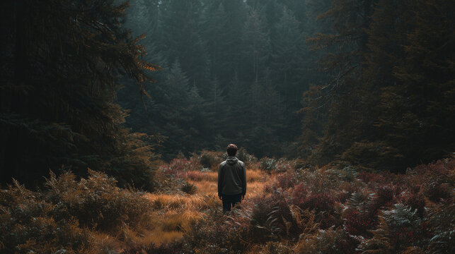 Ai person standing alone in a forest surrounded by tall trees and colorful foliage during a misty morning - Powered by Adobe