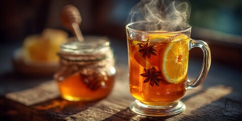 Clear glass mug filled with hot amber tea and fruit slices with steam rising in beautiful swirls, backlit by warm morning sunlight rays.