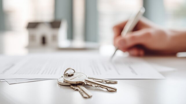 House keys on contract with person signing in blurred background near model home. Real estate closing, contract finalization, mortgage approval, moment of property transfer