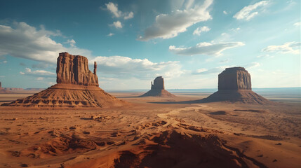 Aerial view of Monument Valley landscape with rock formations in a desert environment on a cloudy day