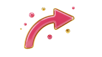 3d glossy pink curved arrow with golden border and floating spheres, isolated on transparent background