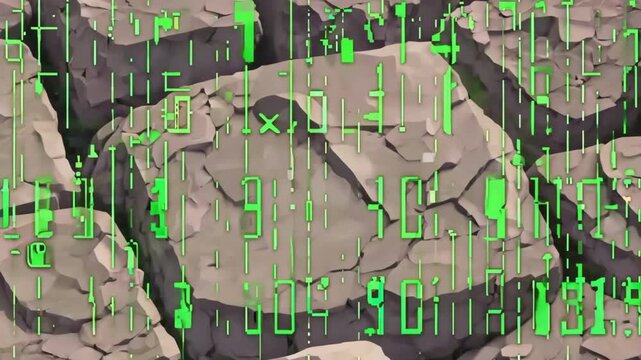 Digital matrix numbers and binary code falling over a cracked dry earth ground texture.