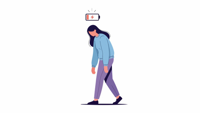 Illustration of a woman walking with a low battery symbol above her head on a white background.