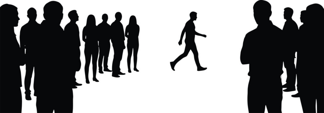 Silhouette of a man walking away from a crowd representing independence and individuality isolated on white background