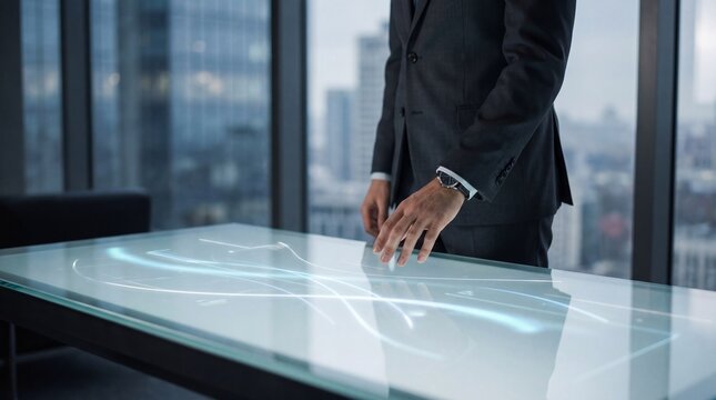 Businessman interacting with futuristic touch screen table in modern office - Powered by Adobe