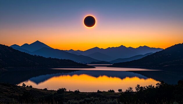 Solar Eclipse Over Mountain Lake at Twilight