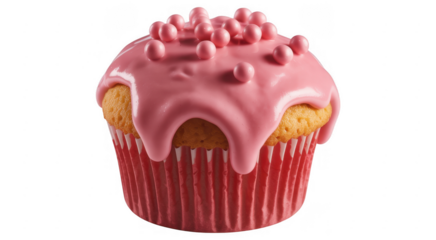 Pink Cupcake with Pink Frosting and Decorations dessert isolated on a transparent background