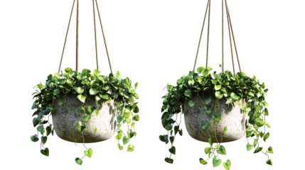 Decorative Hanging Plants Side by Side with Trailing Vines and Lush Foliage on transparent background