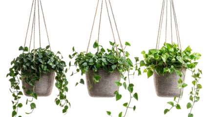 Decorative Hanging Plants Side by Side with Trailing Vines and Lush Foliage on transparent background