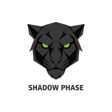 Fierce black panther head mascot with glowing green eyes for esport or gaming team branding featuring the text SHADOW PHASE at the bottom.