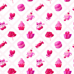 Seamless Pattern for Valentine's Day on a White. Coquette Valentine elements Gift box, Cup, Heart, Sweets, Rose, Romantic Message, Macaroon, Cherry. Vector Festive Background.