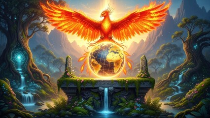 A phoenix ablaze with fiery wings atop a glowing Earth, lush forest, mountains, and waterfalls