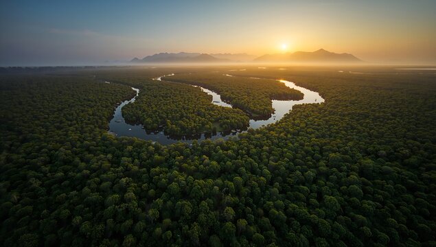 High angle view of curved river loop in dense green jungle with mountain backdrop