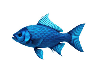 A blue fish stands upright against a plain white background