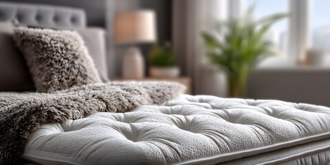 Close-up of a luxurious white mattress with a plush tufted topper set against a soft focus bedroom background with neutral interior tones.