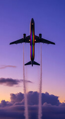 Low-angle shot of an airplane with rainbow stripes, taking off against a colorful twilight sky, representing diversity, inclusivity, and pride