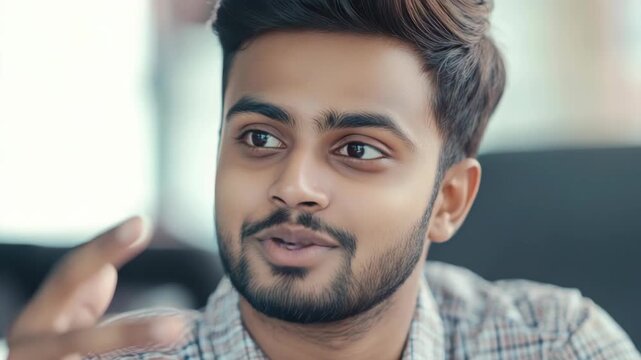 A man in a collared shirt gesturing as he talks.