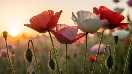 Obraz premium Vibrant poppies in a sunset field