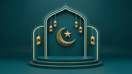Luxury 3D podium stage with mosque arch background, hanging golden lanterns, and filigree crescent moon for Ramadan product presentation and festive sale announcements on teal background.