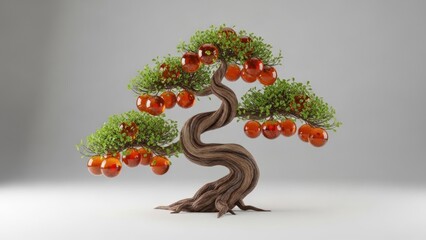 Digitally rendered bonsai tree bearing red, glassy orbs and green foliage