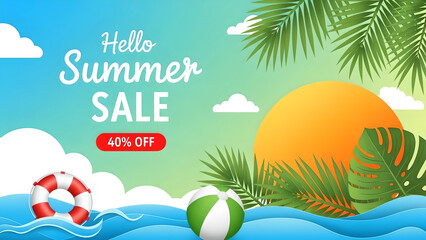 Hello Summer sale vector banner with 40 percent off discount tag, bright sun, tropical palm leaves, ocean waves, beach ball, and lifebuoy for vibrant seasonal marketing campaigns.