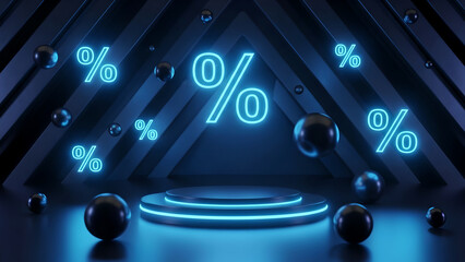 Modern sale promotion background with neon blue percent symbols and 3D spheres on a dark tiered podium stage for tech, electronics, or futuristic retail discount announcements.