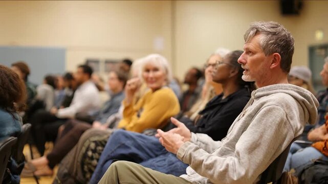 Medium shot of tenants attending a public forum in an urban community center engaging in discussions about rent control laws and their effects on neighborhood housing