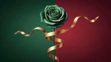 A digitally rendered green rose with gold ribbon against a gradient background of green and red