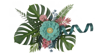 Tropical flower arrangement with green leaves tropical flowers isolated on a transparent background