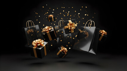 Luxury shopping background with floating black gift boxes and shopping bags featuring gold ribbons and falling gold confetti on a black background for premium Black Friday promotions.