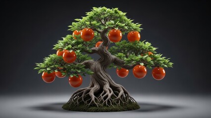 A digitally rendered bonsai tree bearing glossy orange fruit, with exposed roots