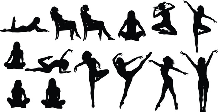 Collection of female dancer silhouettes set, expressive body poses including yoga, ballet and modern dance isolated on white background, fitness, flexibility