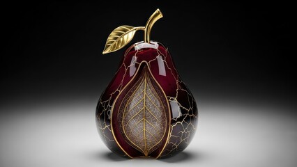 A stunning art glass pear with a gilded leaf and stem against a gradient background