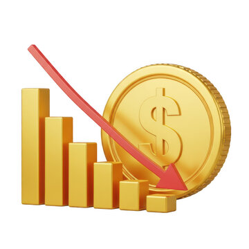 Gold coin and decreasing bar chart isolated on transparent background