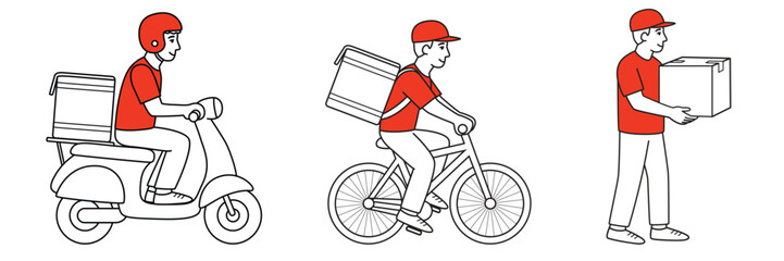 A collection of male delivery men carrying a box on a scooter, bicycle, and on foot. Vector illustration isolated on a white background