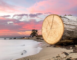 A seaside log, its end-grain facing forward, contrasts with a blurred wave. The sunset sky glows vividly